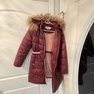 Burgundy Puffer Coat with Faux Fur Hood